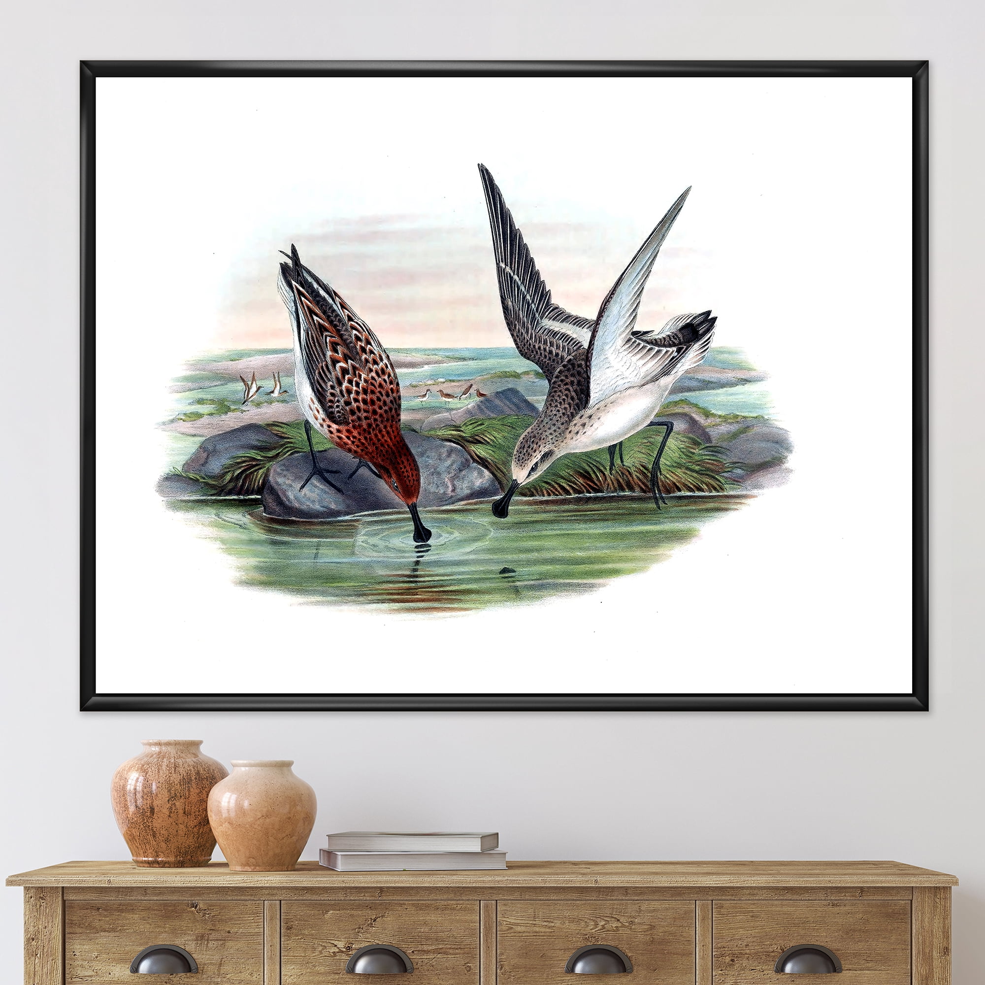 Designart 'Vintage Countryside Two Birds In Lake' Farmhouse Framed Canvas Wall Art Print