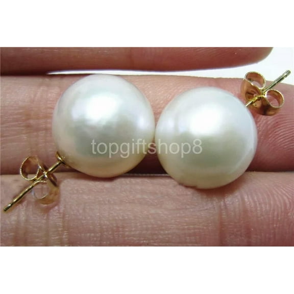 EOEMY Huge 12-13mm Aaa South Sea White Pearl Earrings 14K Gold