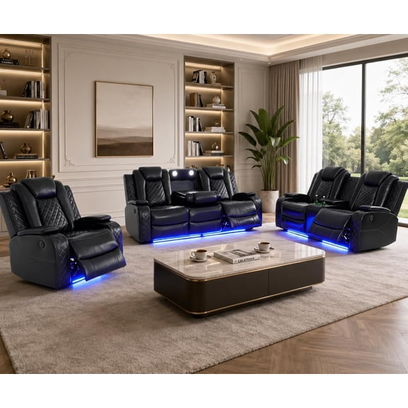Power Reclining Leather Sofa Set, 3 Pieces Living Room Couch with LED, USB Ports, Cup Holders and Armrest Storage, Black