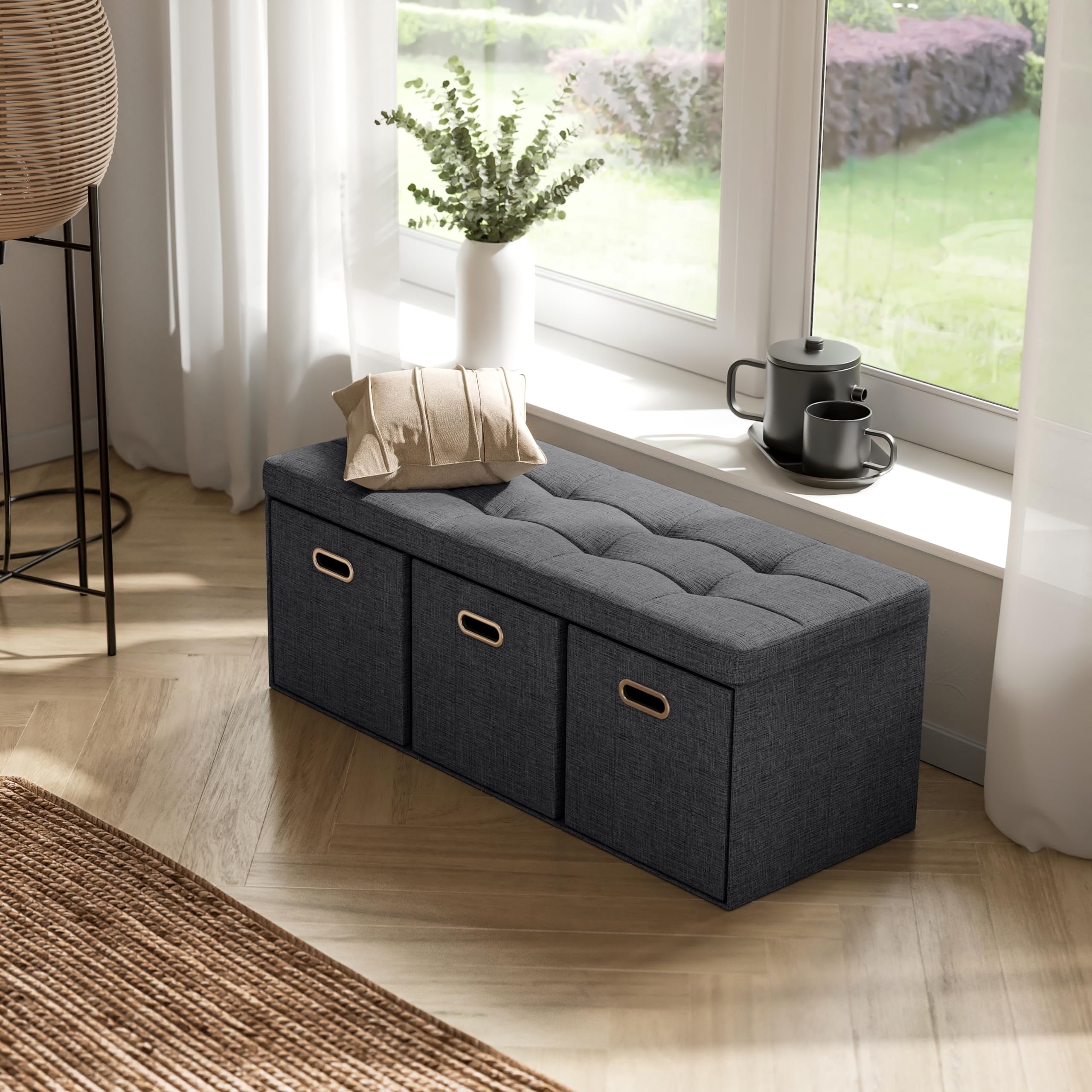 Multi-Functional Storage Ottoman 40 Inch, Foldable Tufted Linen Bench with 3 Cube Drawers, Foot Rest Seat for Living Room Bedroom, Black