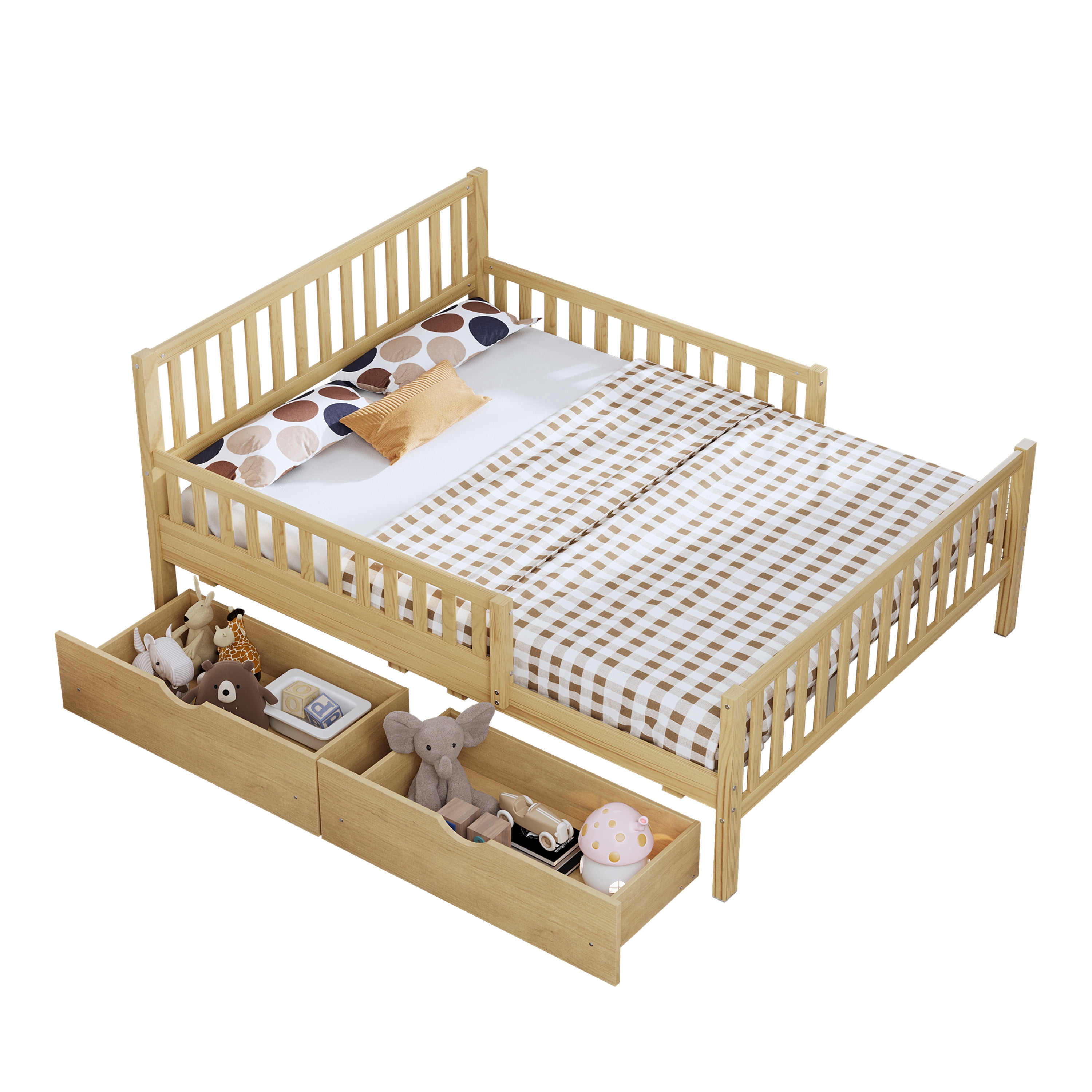 Euroco Wood Full Size Platform Bed with Guardrails and Drawers for Kids Teens Toddlers, Natural