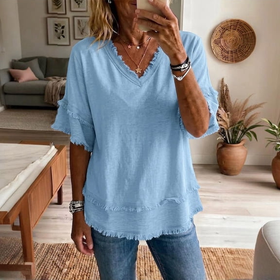 Stralyhd Cotton Linen Tops for Women 3/4 Sleeve Top Casual V Neck Shirts Tiered Ruffle Trendy Work Blouse 2026 Summer Outfits Sky Blue L