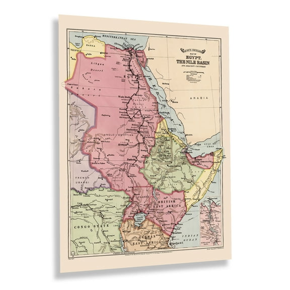 HISTORIX Vintage 1916 Egypt Map Poster Print - Vintage Excelsior Map of Egypt The Nile Basin & Adjoining Countries Wall Art Print