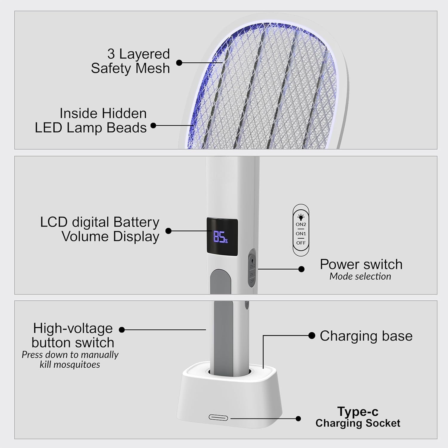 2 in 1 Electric Bug Zapper, Mosquitoes Trap Lamp & Racket, USB Rechargeable Electric Fly Swatter for Home and Outdoor Powerful Grid 3-Layer Safety Mesh Safe to Touch