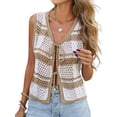 thumbnail image 3 of Women'S Sleeveless Striped Sweater Vest V Neck Tie Front Crochet Knit Tank Tops Khaki XL, 3 of 9