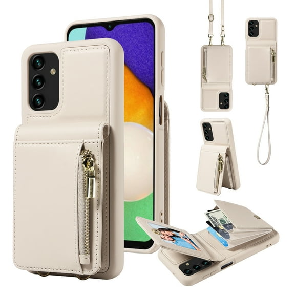 Dteck for Samsung Galaxy A13 5G Case with RFID Blocking Card Holder, Galaxy A13 4G Crossbody Wallet Case Shockproof Purse PU Leather Protective Back Cover,White