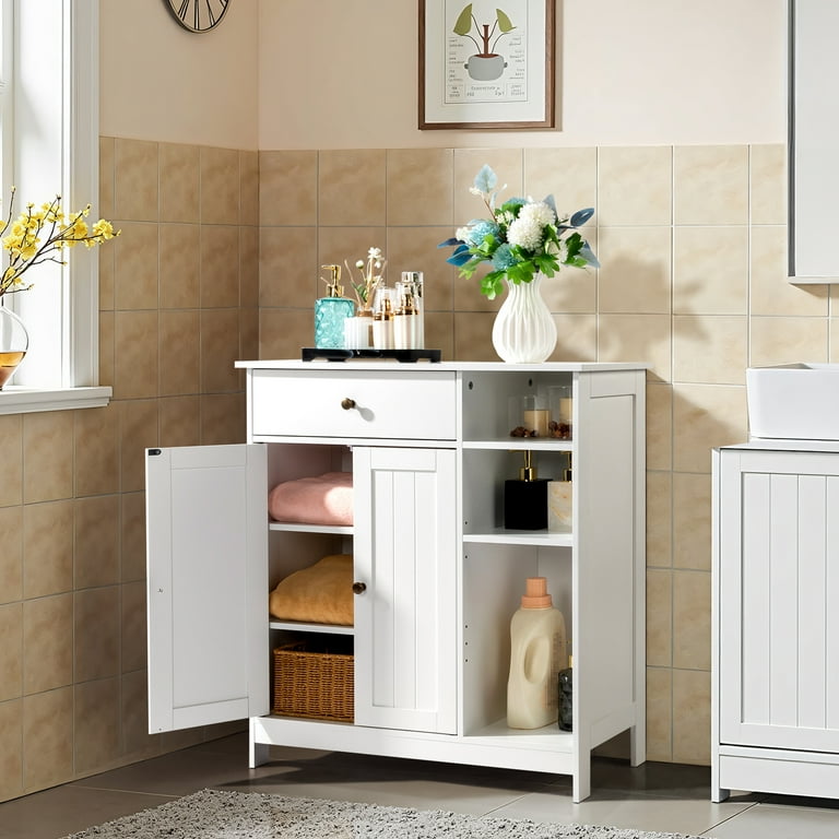 Zimtown Wooden Bathroom Cabinet, 2-Door, White, 2 Shelves, 1