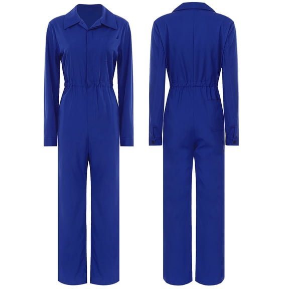 Aislor Jumpsuits for Women Button Coverall Casual Solid Color Turn-Down Collar Long Sleeve Blue S