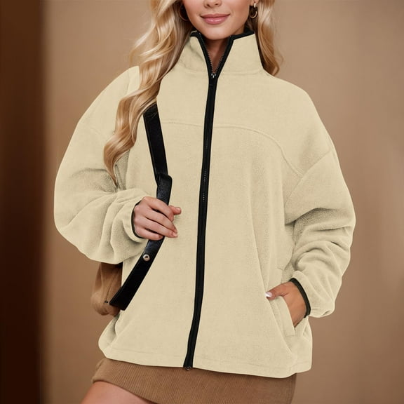 Women's Fleece Jackets Solid Color Hoodless Fleece Long Sleeve Casual Jacket Full Zipper Stand Collar Plush Coat Outwear with Pockets