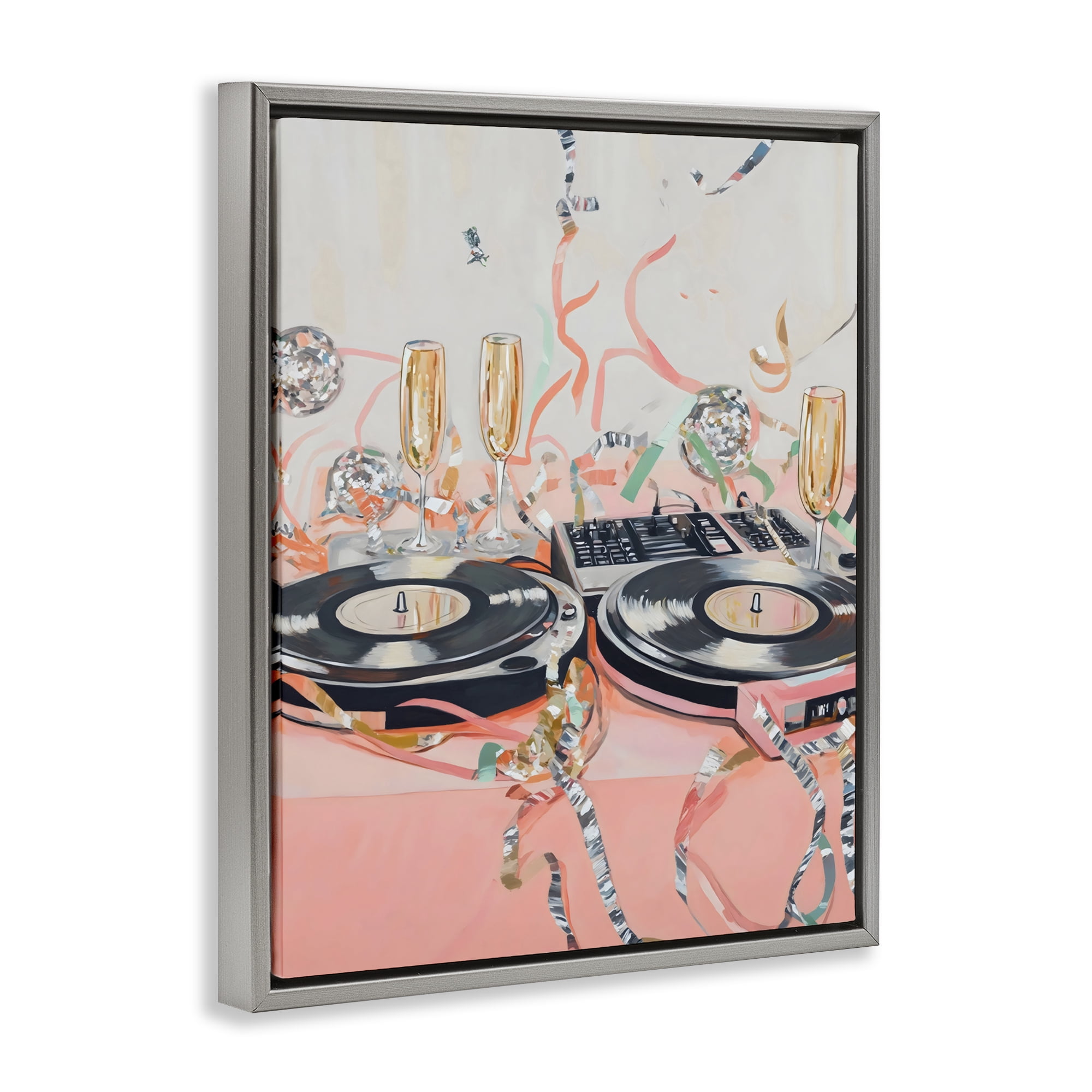 Stupell Industries Retro Turntable & Champagne Party Gray Framed Floater Canvas Wall Art, design by The Prints Vibe