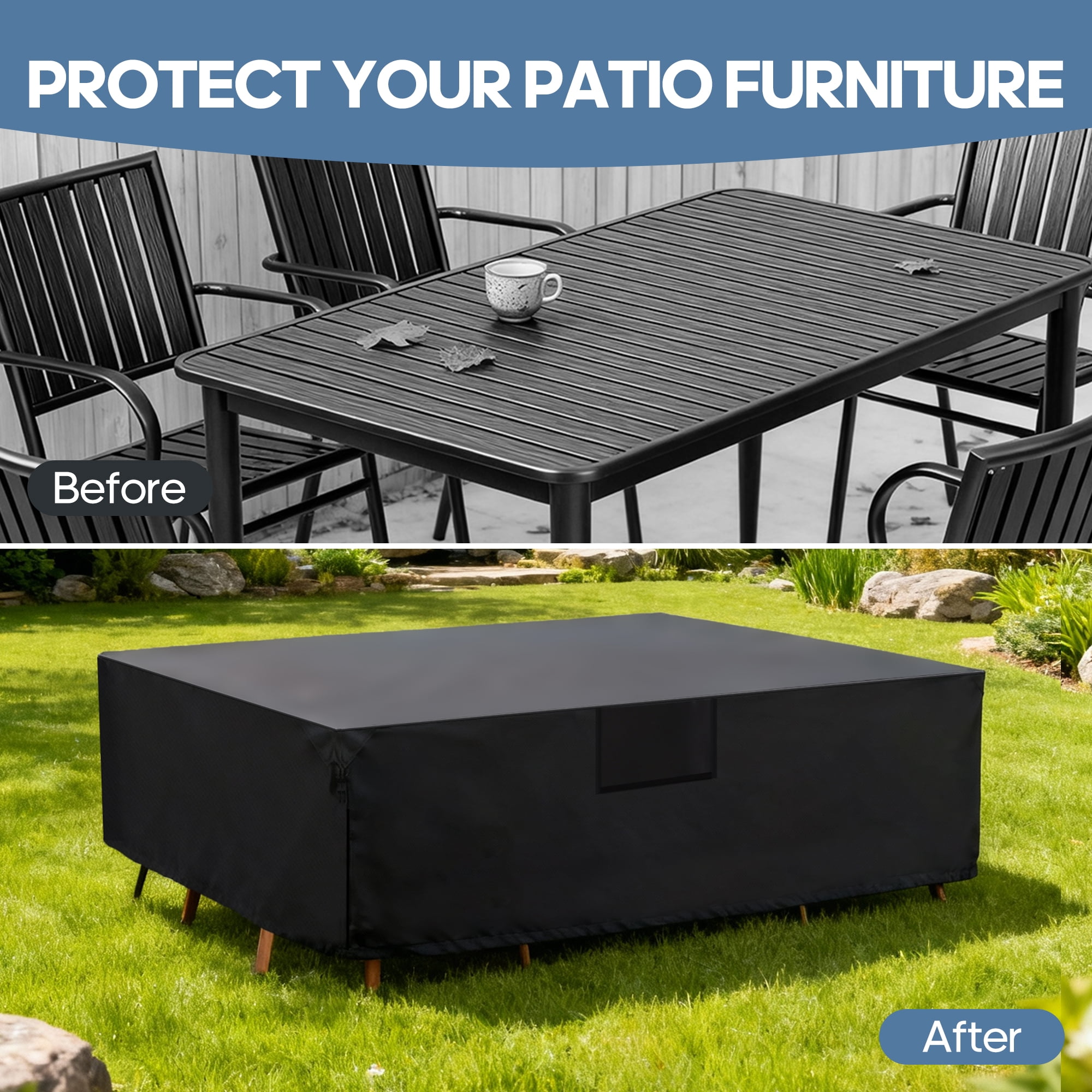 SHOUFTW Patio Furniture Cover, Rectangular Heavy Duty 600D Waterproof & UV Resistant Outdoor Covers, Dining Table & Chair Set Protection