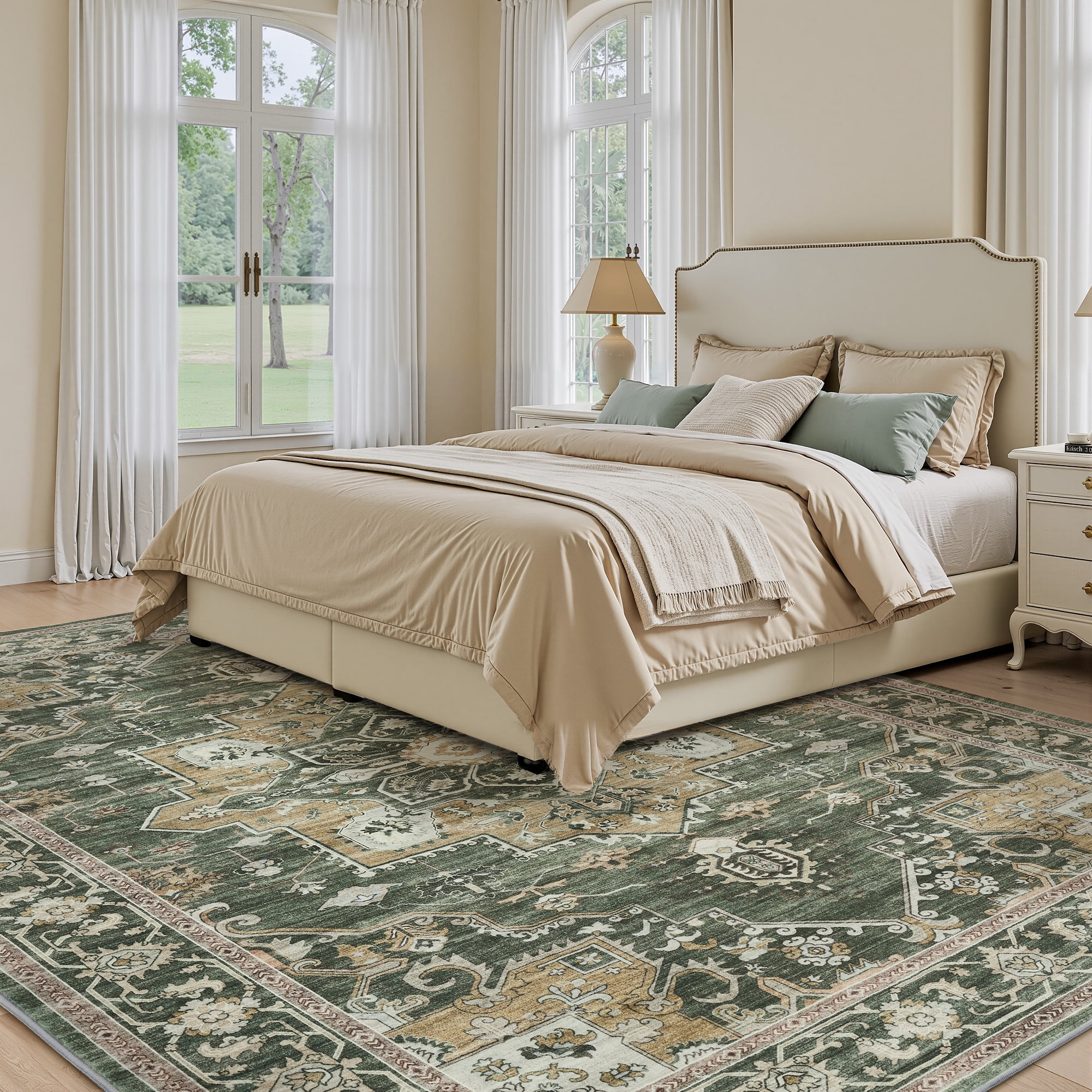 SIXHOME 9'x12' Rugs for Living Room Washable Traditional Distressed Soft Carpet Large Area Rug Retro Floral Indoor Throw Rug for Bedroom Dining Room Vintage Green