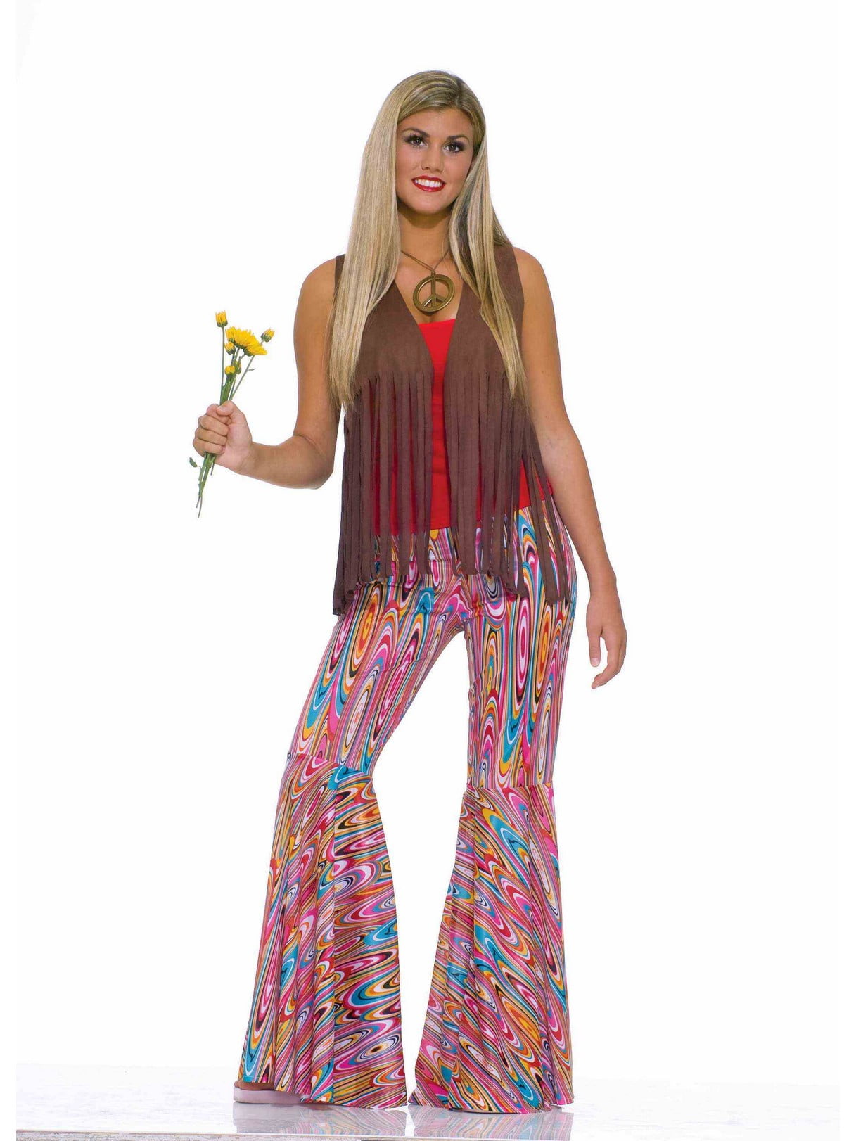 Flower Child Women's Disco Flare Outfit, Hippie Bell Bottoms Pants