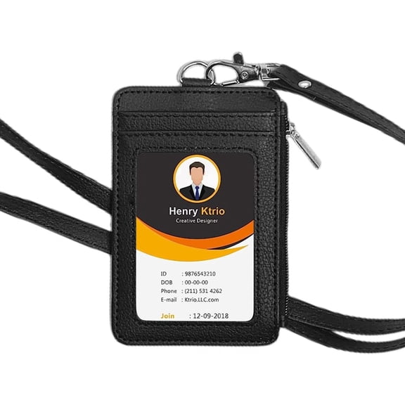 Black ID Badge Holder with Lanyard, Vertical PU Leather ID Badge Card Holder with 1 Clear ID Window, 4 Credit Card Slots and a Detachable Neck Lanyard for Office School Student