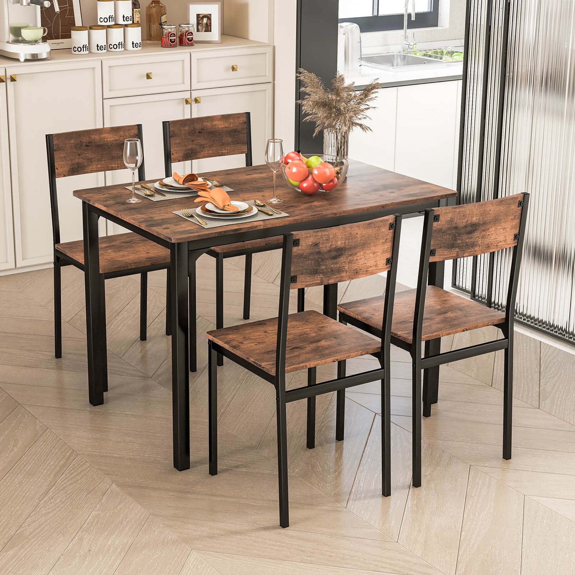 Costway 5-Piece Industrial Style Metal Dining Table Set with Kitchen Table and Chairs, Brown