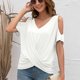 thumbnail image 4 of Camiseta básica de manga larga con hombros descubiertos para mujer, camisetas, dobladillo cruzado (blanco), 4 of 5