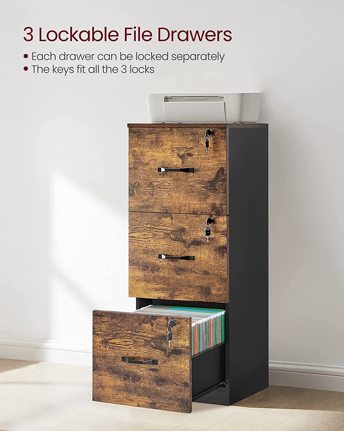 File Cabinet, Printer Stand with 3 Lockable Drawers, Adjustable Hanging Rails, Rustic Brown + Black
