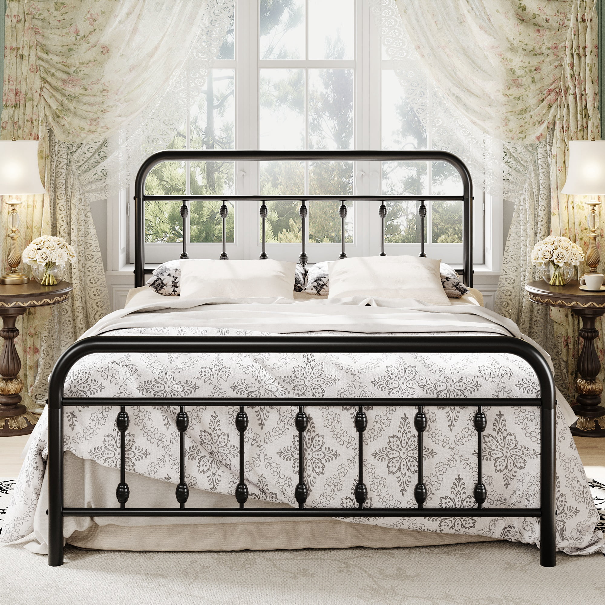 Einfach Full Bed Frame, Metal Platform Bed with Vintage Headboard, No Box Spring Needed, Heavy Duty, Black