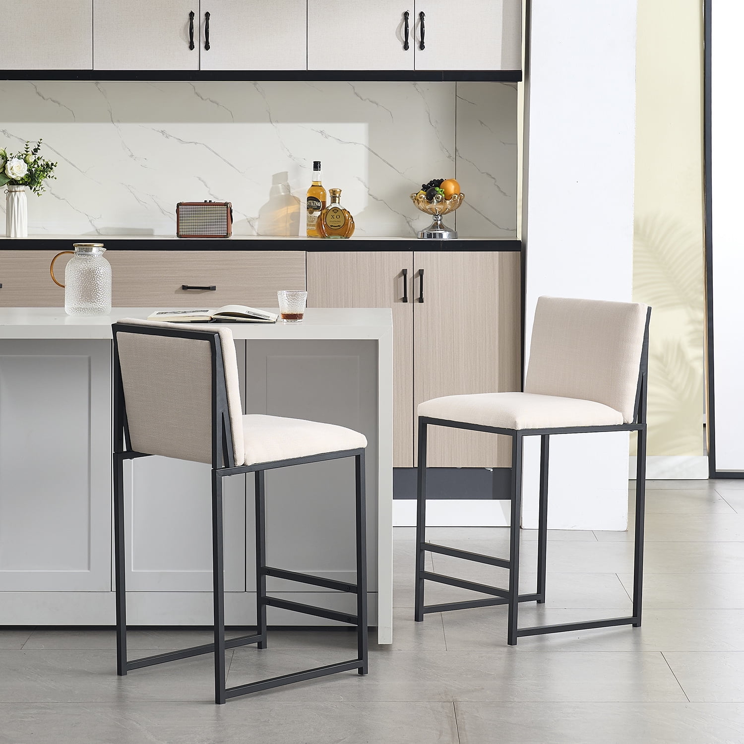 Demi Bonn 44" Counter Height Bar Stools Set of 2, Upholstered Linen Barstools with Back, Armless Kitchen Island Countertop Chairs with Metal Legs, White