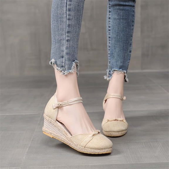 AXXD Women's Dress Sandals Beige Wedge Summer Plus-size Clasp Solid Color Straw Woven Linen Wedge Sandals Mothers Day