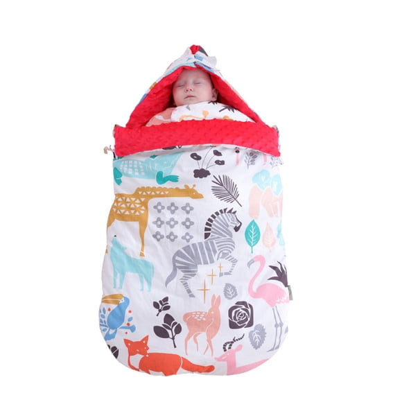 insular Cozy Animal Print Baby Sleeping Bag with Hood and Belly Band, Soft Cotton Swaddle for Stroller or Crib, Warm and Comfortable for Newborns, Red Design