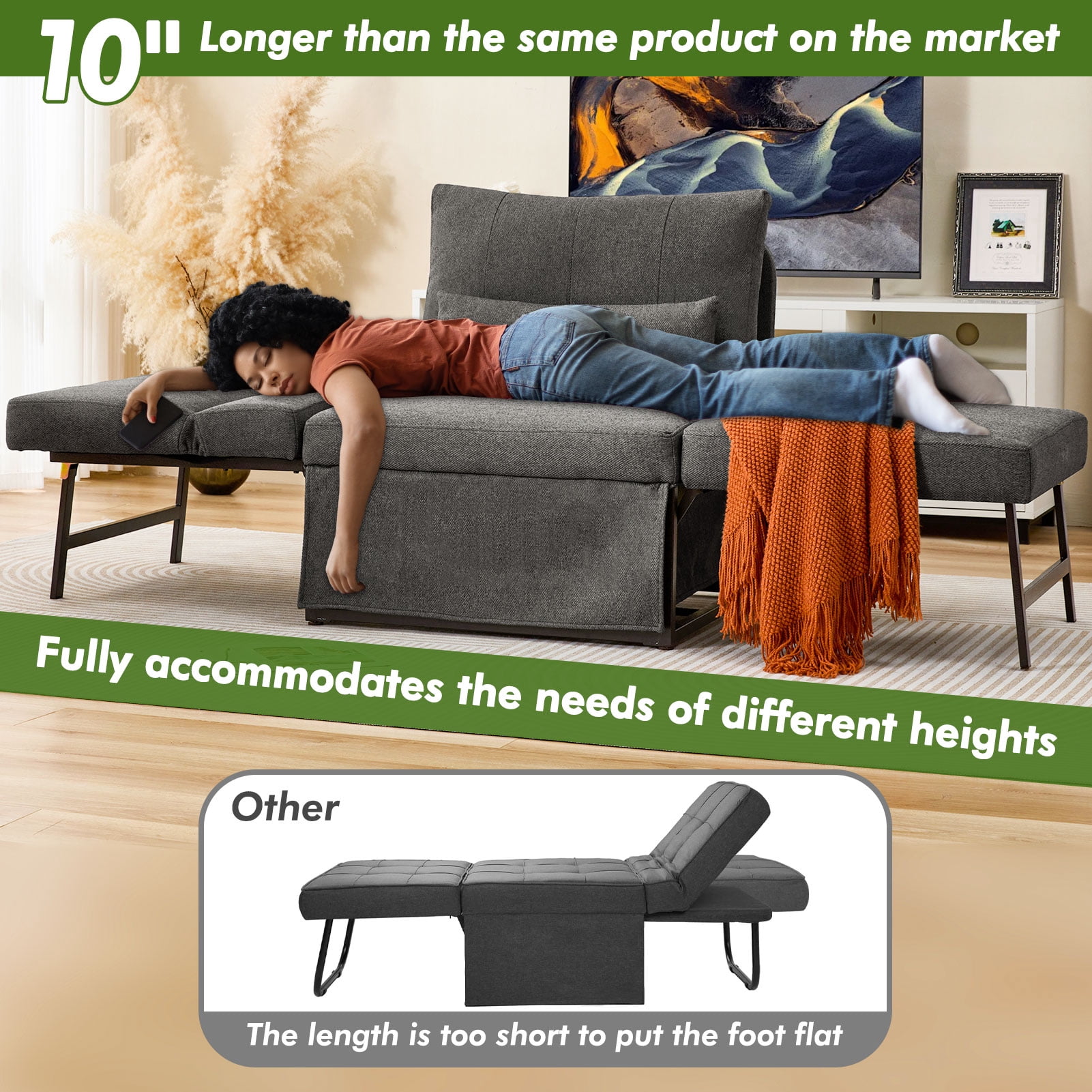 zzw 5-in-1 Convertible Sleeper Sofa Chair, Adjustable Linen Folding Ottoman Bed, Assembly-Free for Apartment Living Room