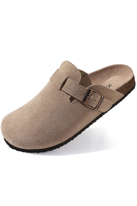 Women's Suede Clogs Leather Mules Cork Footbed Sandals Arch Support Potato Shoes with Adjustable Buckle