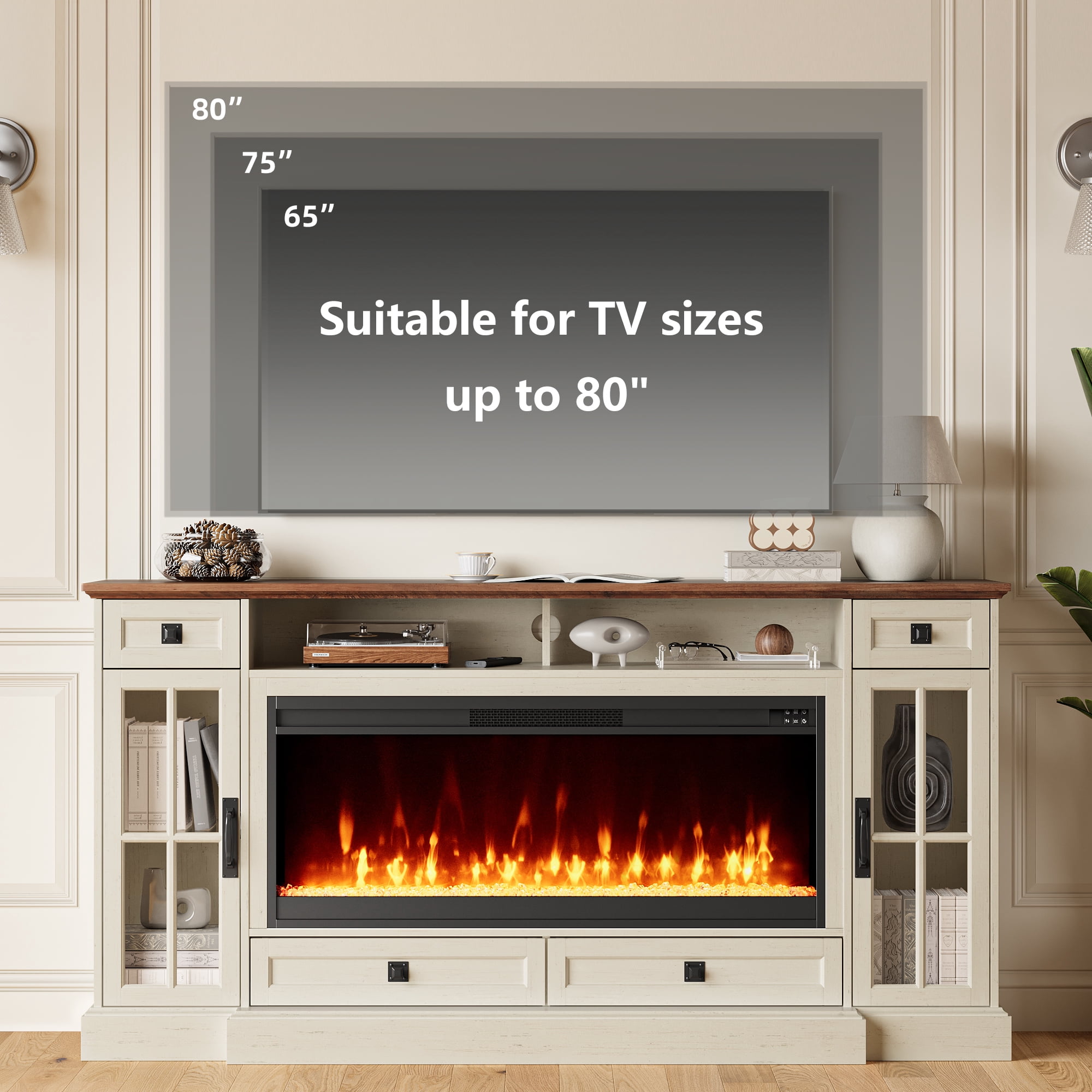 OKD TV Stand with Fireplace for 80 inch TVs, Farmhouse Entertainment Center with Storage, Antique White