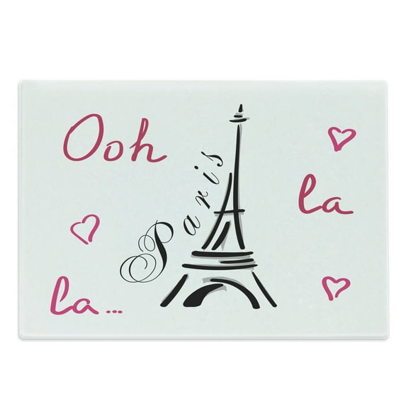 Ooh La La Cutting Board, Eiffel Tower Doodle with Heart Motifs and Lettering Paris French Theme, Decorative Tempered Glass Cutting and Serving Board, in 3 Sizes, by Ambesonne