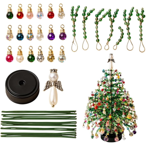 DIY Beaded Christmas Tree Kit, Holiday Craft Set for Adults, Colorful Beads, Ornament Charms, Metal Frame, Angel Topper, Warm Glow Display, Tabletop Decor