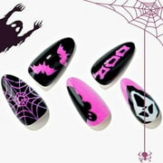 GLAMERMAID Press on Nails Short Almond for Halloween, Gothic Hot Pink Black Fake Nails Gel with Bat Spider Design Medium Oval Glue on Nails for Women, Ghost Reusable Acrylic False Emo Stick on Nails