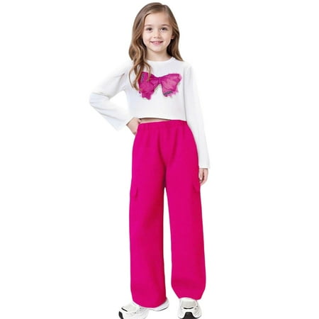 BJUTIR Girls Casual Outfit Print Sweatshirt And Wide Leg Cargo Pants Jogger Casual Two Piece Comfortable Daily Wear Softness Red Clothing Set