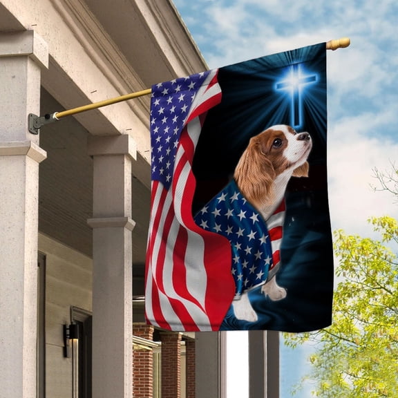 Flag Cavalier King Charles Spaniel Dog Wearing Flag American Proud Standing Under The Cross Christian House Flag, Double-Sided Decorative Outdoor Flag, Patriotic Polyester Yard Flag 29.5 x 39.5 in