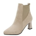 thumbnail image 4 of hopeusnice Women's Ankle Boots Pointed Toe Suede Block Heel Booties Elastic Side Zipper Comfortable Dress Boots Fall Winter Shoes Beige 36, 4 of 6