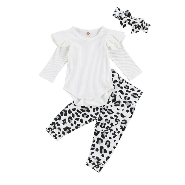 Baby Three Pieces Flying Sleeve Romper Long Trousers+Wave Point Headband set, including a white ribbed flying sleeve romper, black and white leopard print trousers, and a matching bowknot headband. Perfect for baby girls aged 0-18 months, made from breathable cotton blend fabric for comfort. Ideal for daily wear, parties, or photography.