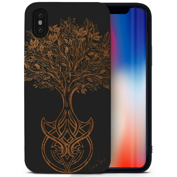 Case Yard Wooden Case for iPhone-X Soft TPU Silicone cover Slim Fit Shockproof Wood Protective Phone Cover for Girls Boys Men and Women Supports Wireless Charging Tree of Life Design