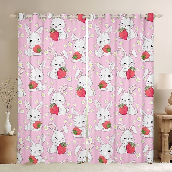 jejeloiu Kawaii White Rabbit Black Out Curtains,Res Sweet Strawberry Curtains Pack of 2 (42x63 Each),Cute Flowers Blossom Bedroom Curtains For Girls,Ultra Soft Home Decor