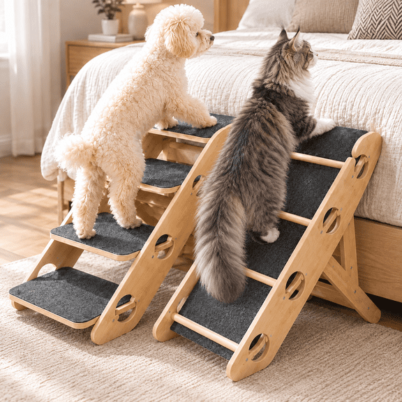 Dog Ramp for Bed, 4-Step Foldable Wooden Cat Ramp with Non-slip Surface, Portable Dog Steps Free Installation, Adjustable Ladders Ramp Suit Small Dogs, Pet Ramp for High Bed Sofa