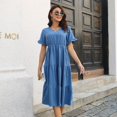 thumbnail image 3 of SWSMCLT Women's Sundress V Neck Fall Vintage Cute Summer Dress Short Sleeve Chiffon Casual Ruched Dresses Blue Medium, 3 of 4
