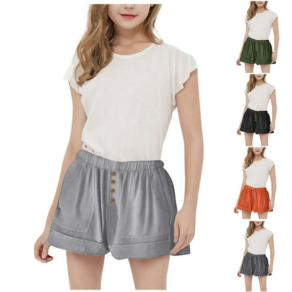 Sijiajgjfu Short à Taille Élastique pour Fille, Bouton, Grande Poche, Coton Extensible, Couleur Unie, Short Ample pour 3-14 Ans, Gris Foncé