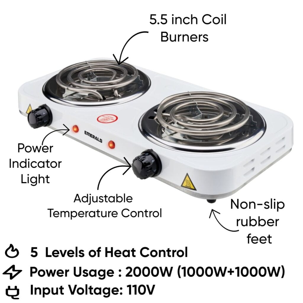 Emerald Compact & Portable, 2000W (2x1000W) Electric Double Burner 5.5" Coils Stovetop - White