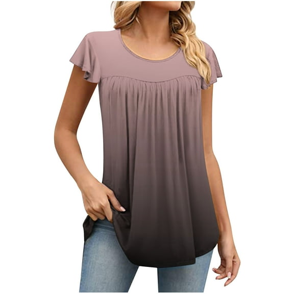 Wycnly Womens Shirts Fashion Ruffle Sleeve Flowy Pleated Swing Tunic Tops Summer Short Sleeve Crewneck Ladies Gradient Print Tops and Blouses Pink m