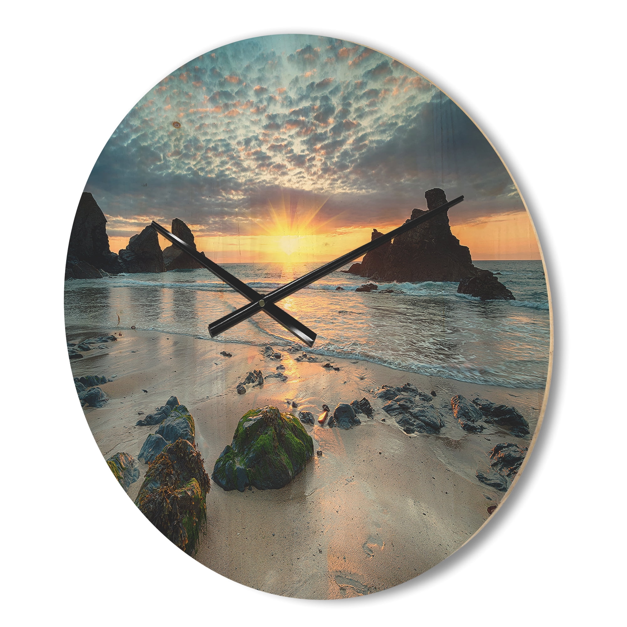 Designart 'Beautiful Porthcothan Bay With Sunset' Modern Wood Wall Clock