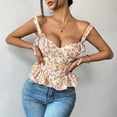 thumbnail image 4 of Women's Ditsy Floral Camisole Vintage Print Shirt Plunge V Neck Tank Tops Fishbone Waist Cami Ruffle Pleated Top Bow Knot Sleeveless Summer Babydoll Shirt, 4 of 8