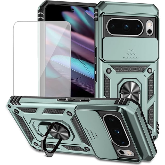 KOMI for Pixel 8 Pro Case, Google 8 Pro Case with Tempered Glass Screen Protector and Slide Camera Cover, Magnetic Ring Car Mount Holder Kickstand Protective Cases Cover for Google Pixel 8 Pro Green