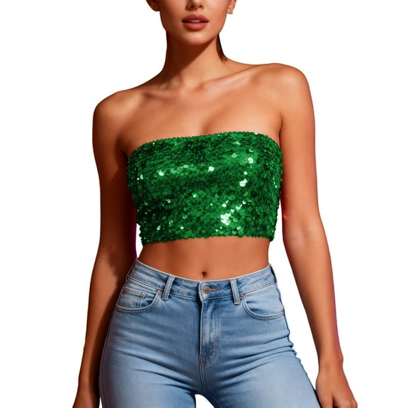 Sequin Tube Tops for Women Strapless Sparkly Glitter Bandeau Cropped Party Club Outfits Off Shoulder Blouses (Free Size, Green)