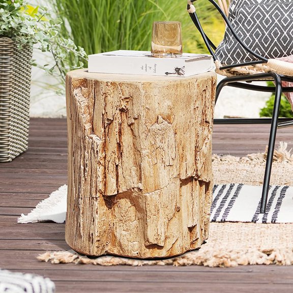 Yangming Outdoor Concrete Side Table, Faux Wood Stump Stool, Wood Patio End Table