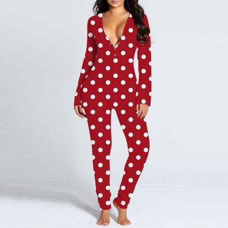 

MIARHB Ladies Casual Long-sleeved Printing Detachable Button Flap Adult Pajamas One-piece Red S
