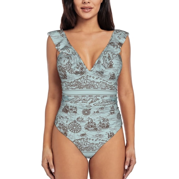 Picia Pirate Adventure Map Blooming Jelly Womens Tummy Control Bathing Suits Slimming Ruffle Swimsuit One Piece Lace Swimwear-
