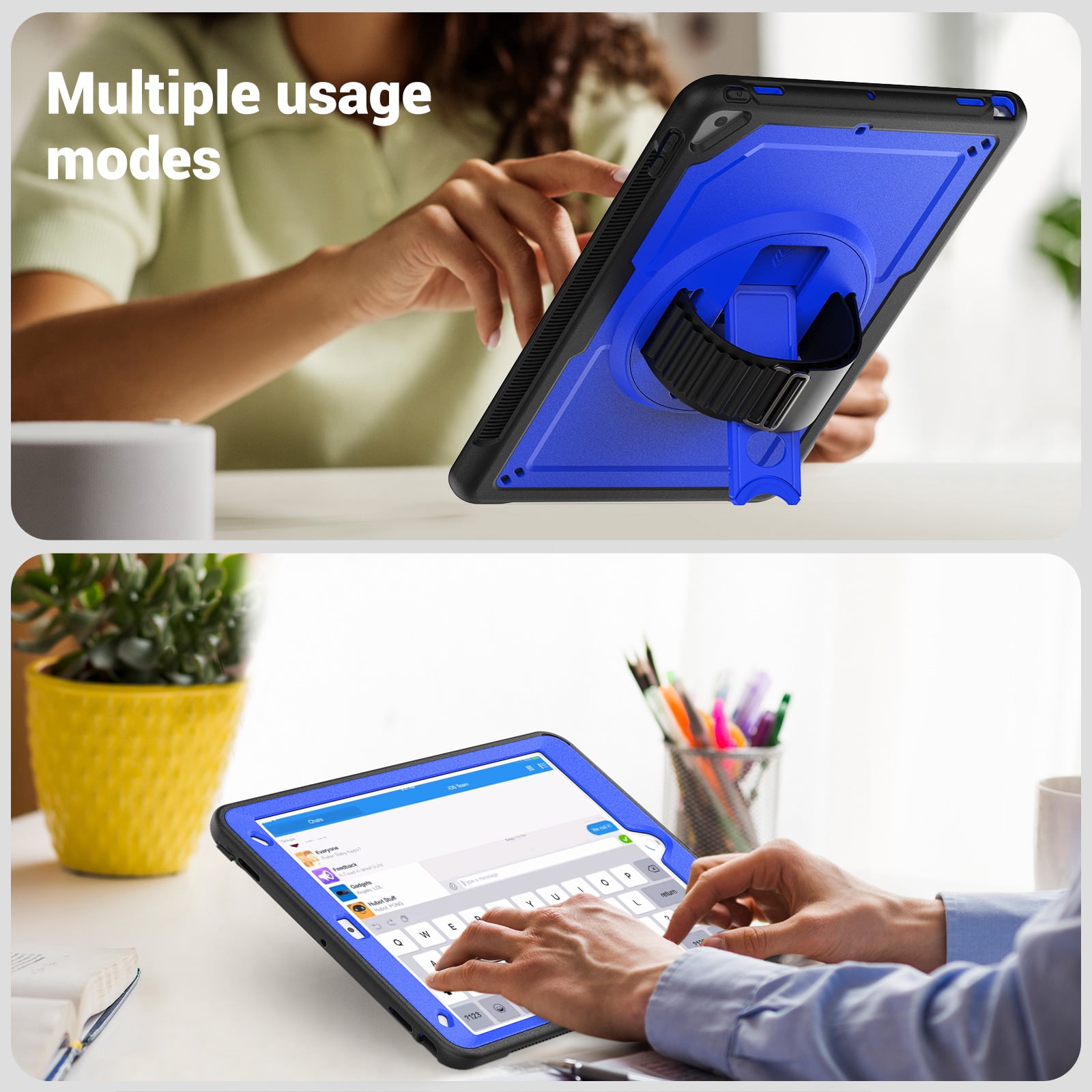 ELEHOLD Case for Apple iPad 10.2 2021/2020/2019 Pro 10.5'2017)(Air 3 10.5 (2019),Soft TPU Rugged Durable Case with 360° Rotating Hand Strap & Foldable Hidden Stand & Pencil Holder,Darkblue